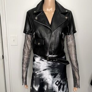 Azalea Wang Mesh Rhinestone Sleeve Faux Leather Moto Jacket M/L